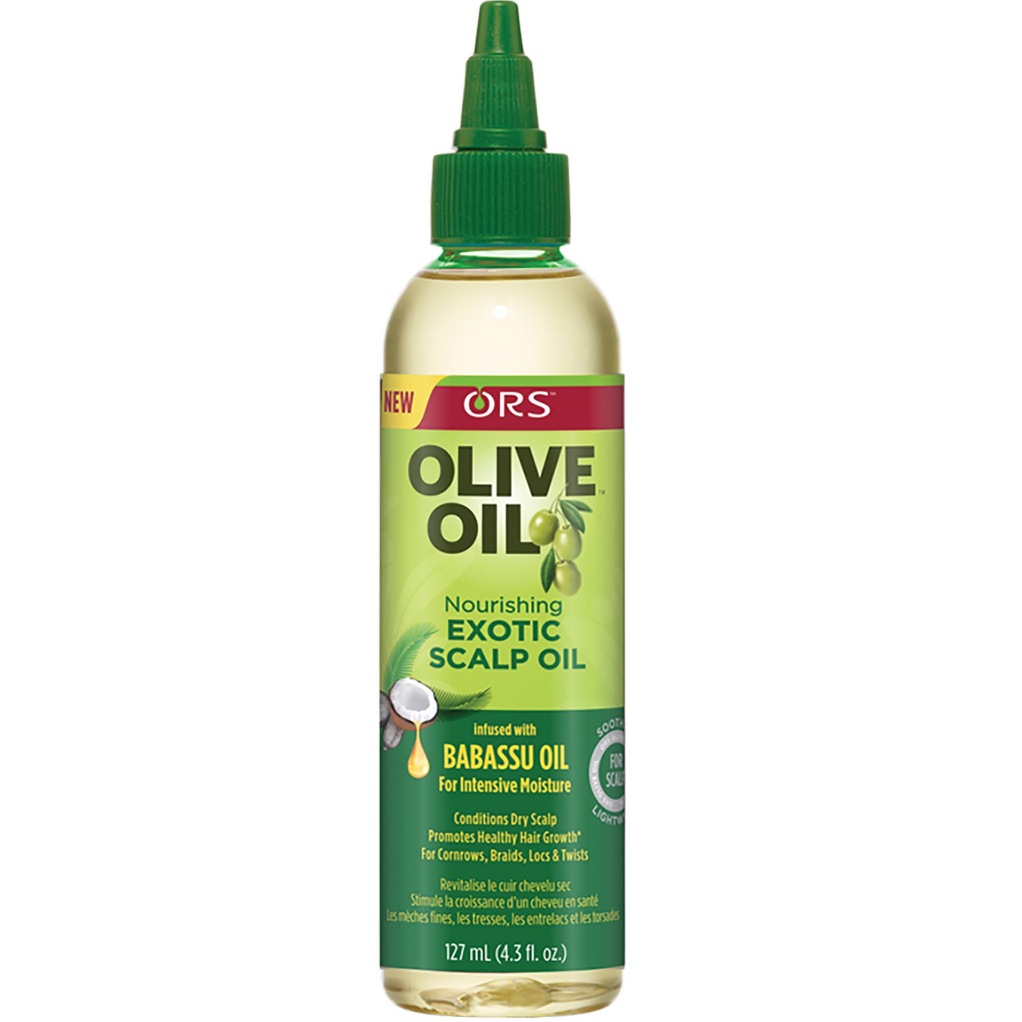 Grüne Flasche mit ORS Olive Oil Kopfhautöl. Enthält Babassu-Öl. Text: „Nourishing Exotic Scalp Oil“. 127 ml.