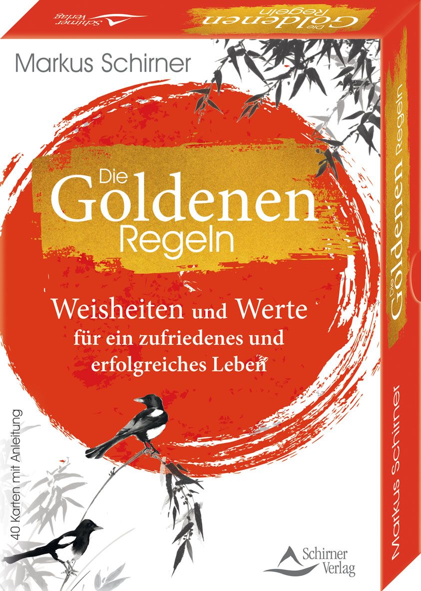 Kartenbox mit Titel "Die Goldenen Regeln". Autor: Markus Schirner. Roter Hintergrund mit Illustrationen. Verlag: Schirmer Verlag.