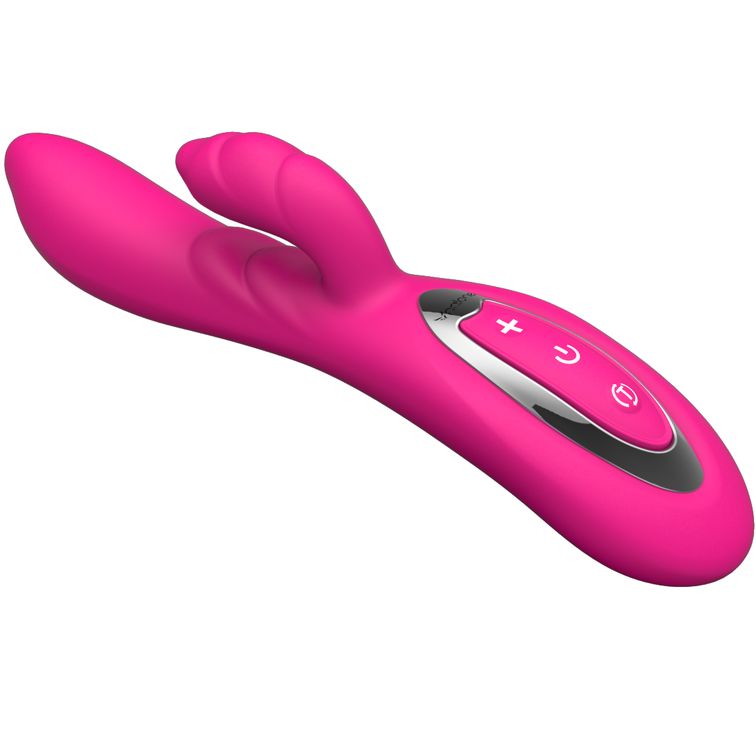 Rosa Vibrator mit zwei Enden und Bedienfeld. Ein Ende mit geriffelter Oberfläche, das andere mit Knöpfen.