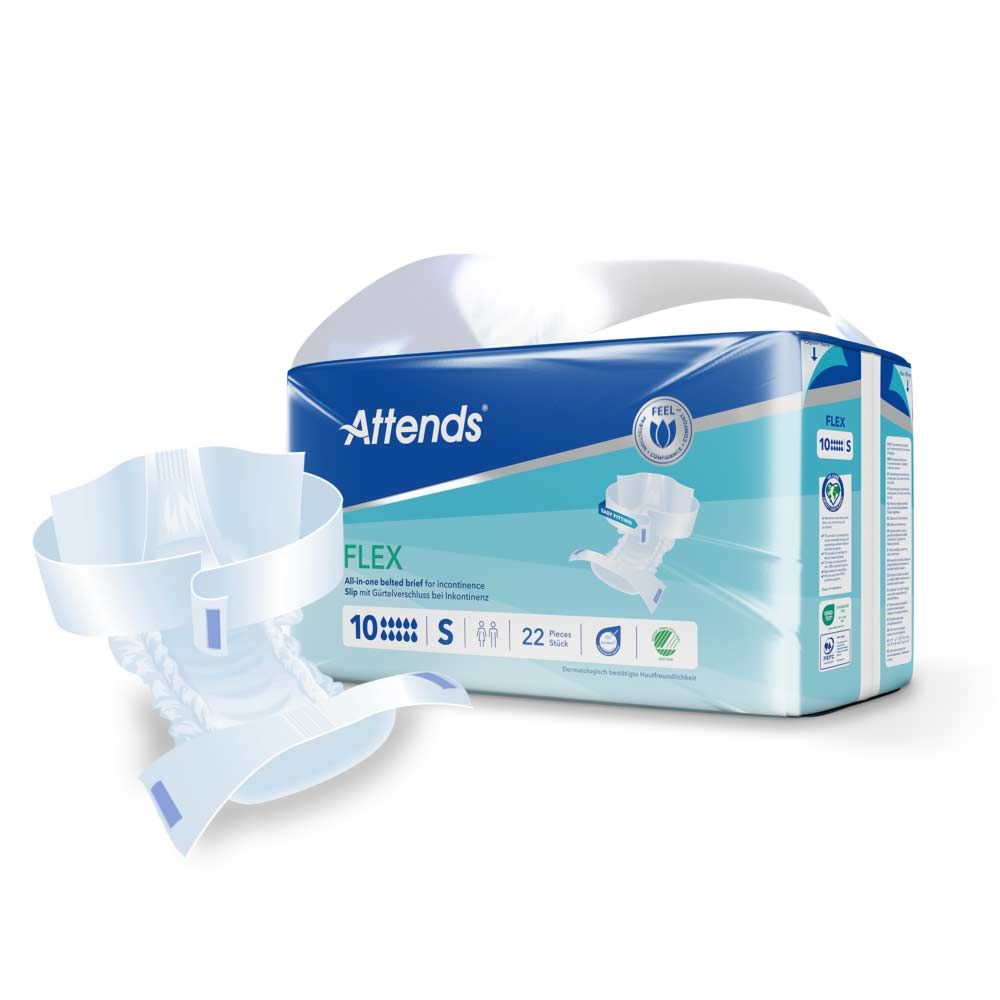 Attends Flex 10 S, 22 Stück. Weiße Inkontinenzvorlage neben Packung. Packung mit Produktabbildung, Größenangabe und Logo.
