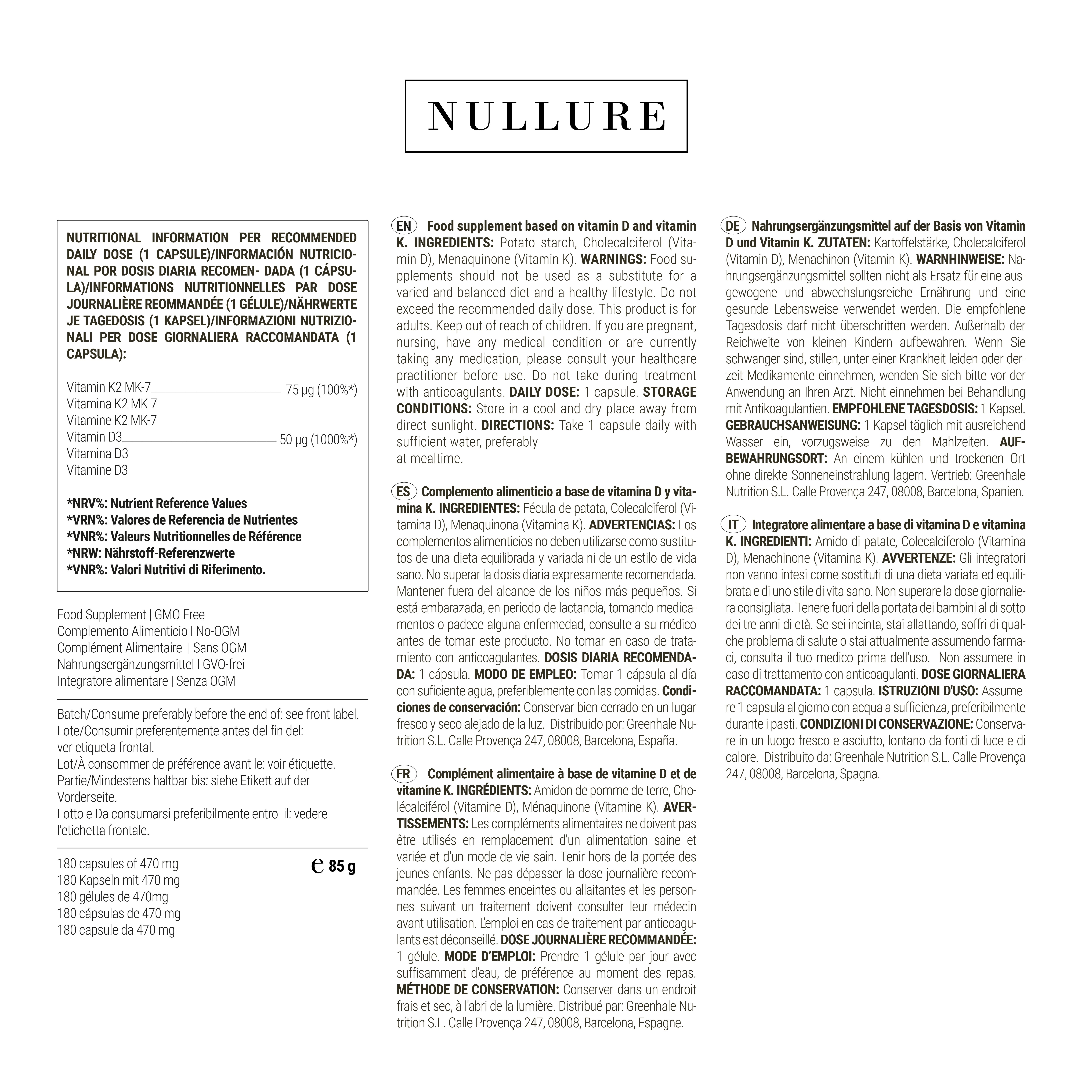 Mehrsprachige Produktinformationen. Enthält Nährwertangaben, Inhaltsstoffe, Warnhinweise und Dosierungsempfehlungen für Vitamin D3 + K2.