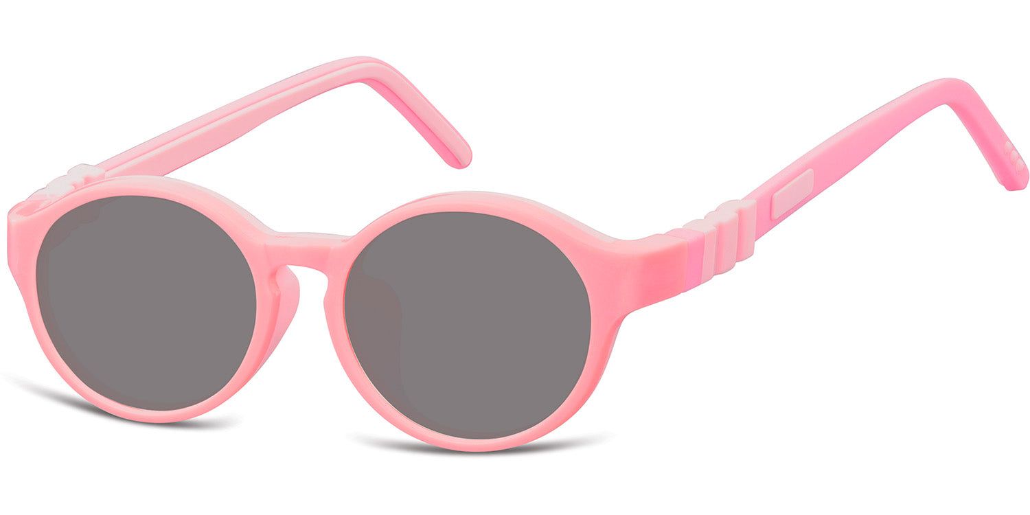 Rosa Sonnenbrille mit runden Gläsern. Bügel und Rahmen sind ebenfalls rosa. Graue Gläser.