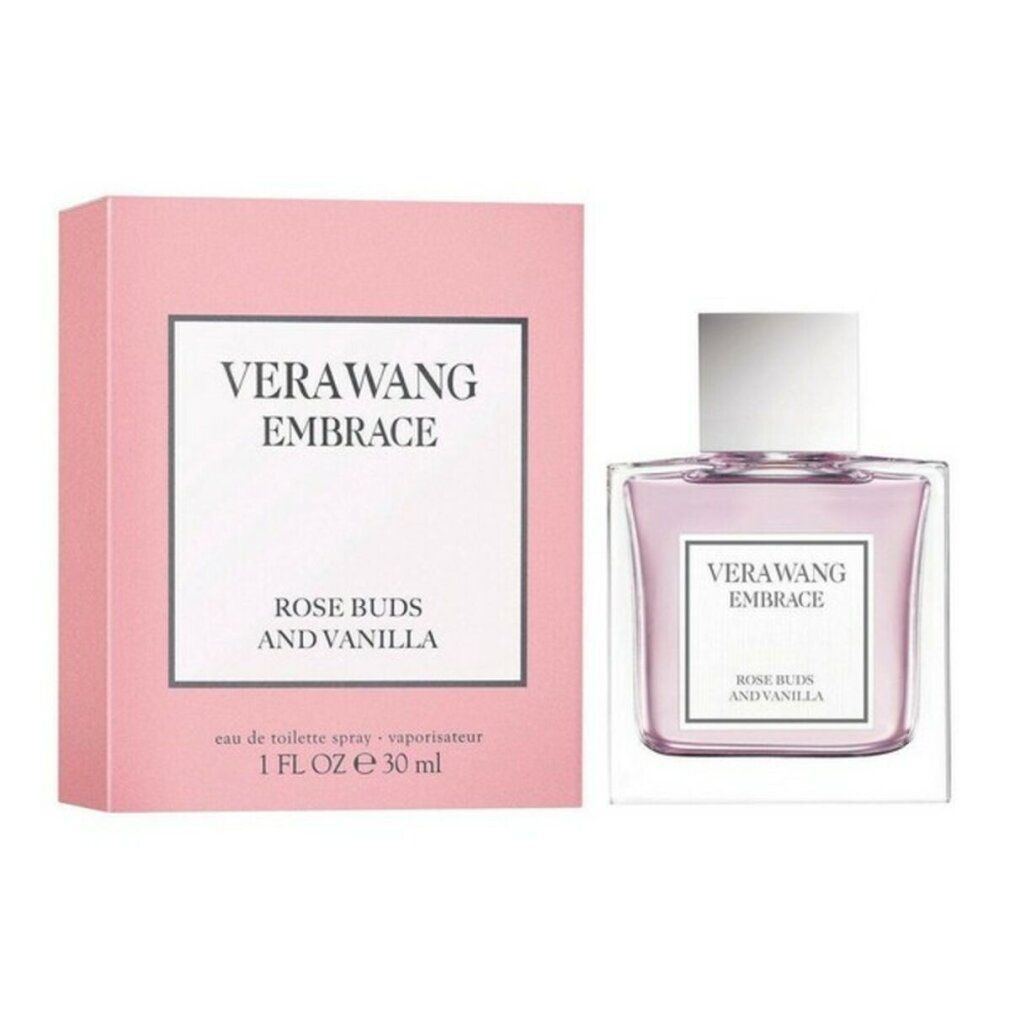 Rosa Verpackung und Flakon. Verpackung mit "VERA WANG EMBRACE ROSE BUDS AND VANILLA". Flakon mit rosa Flüssigkeit.