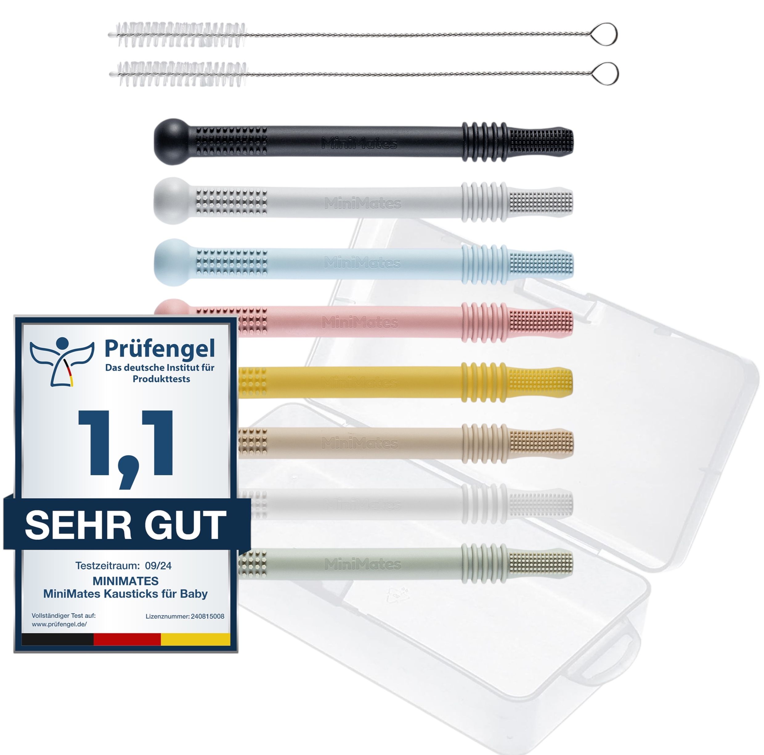 Mehrfarbige Beißringe mit Reinigungsbürsten und Box. Prüfengel-Zertifizierung. Aufschrift: MiniMates Kausticks für Baby.