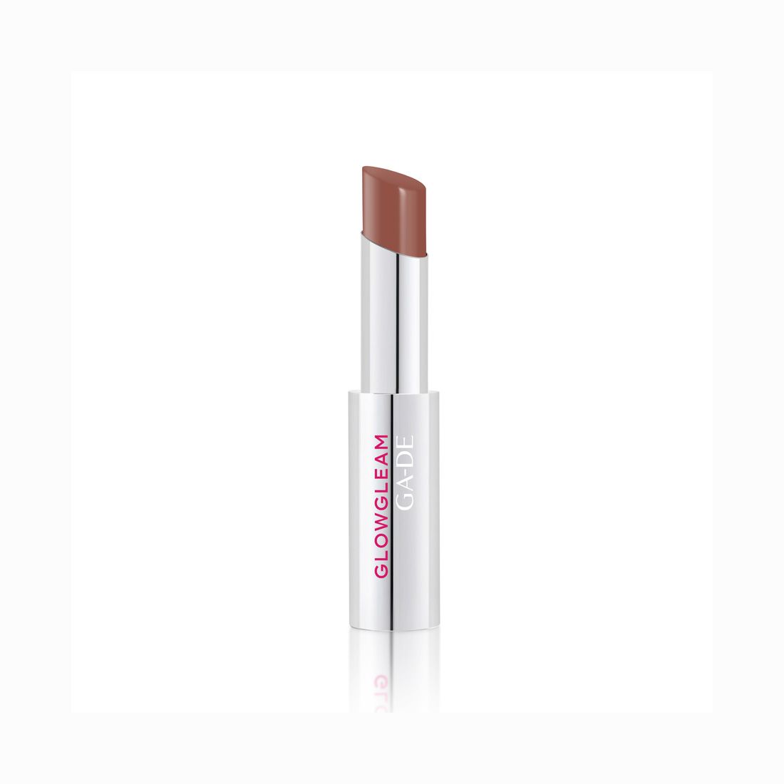 Offener Lippenstift, silberfarbenes Gehäuse. Aufschrift: GLOWGLEAM, GA-DE. Lippenstiftstift in Braun.