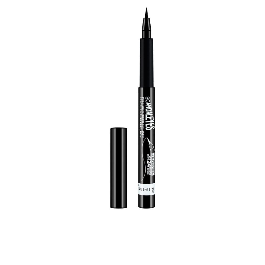 Schwarzer Eyeliner mit offener Kappe. Auf dem Stift steht "SCANDALEYES" und "RIMMEL LONDON".