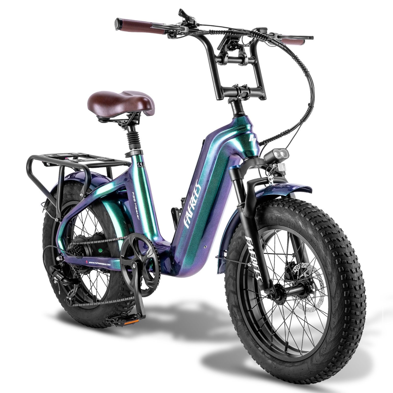 Fafrees F20 Master E-Bike. Grün-blau lackiert, breite Reifen, Gepäckträger, brauner Sattel. Fafrees-Logo sichtbar.