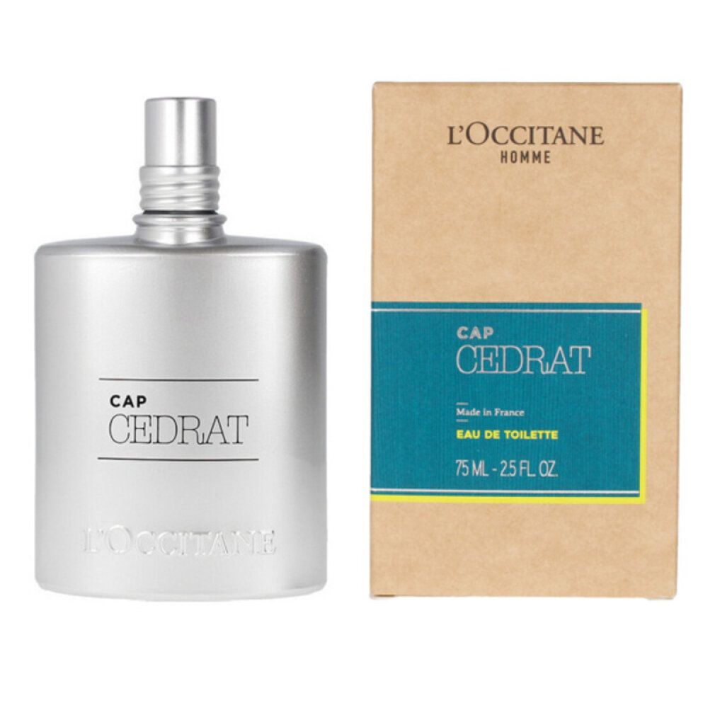 Silberfarbener Flakon und Verpackung. Aufschrift CAP CEDRAT, L'Occitane und Eau de Toilette. Braune Verpackung.