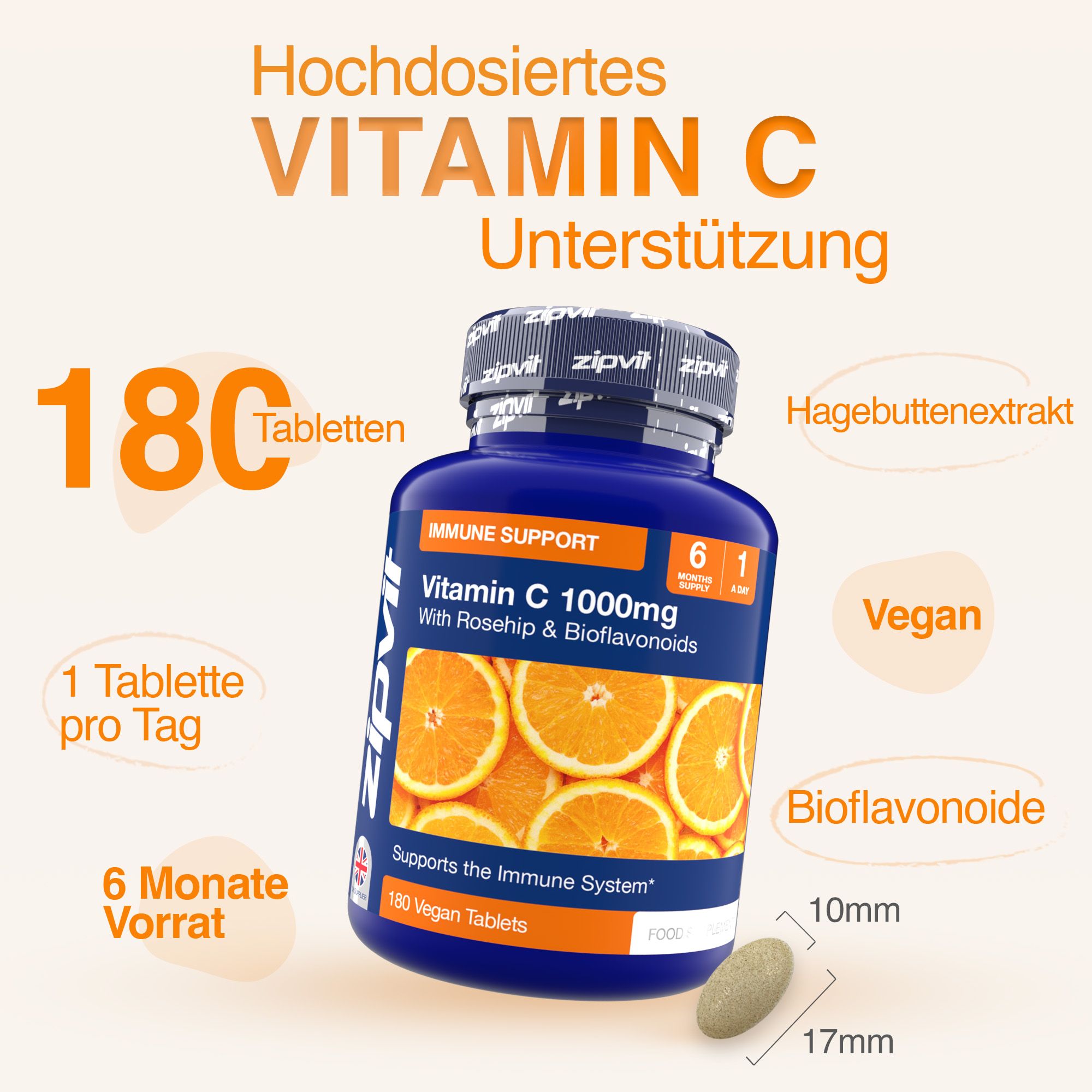 Blaue Flasche Zipvit Vitamin C 1000mg. Enthält 180 Tabletten. 1 Tablette pro Tag. 6 Monate Vorrat. Tablette: 17x10mm. Aufschrift: Vegan.