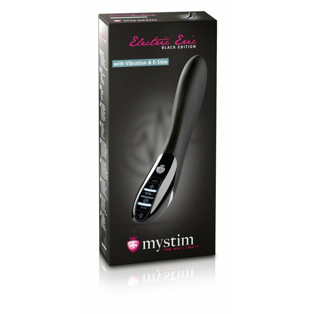 Wellness-Produkt in Verpackung. Text: Electric Eric Black Edition, mystim. Schwarzes Produkt.