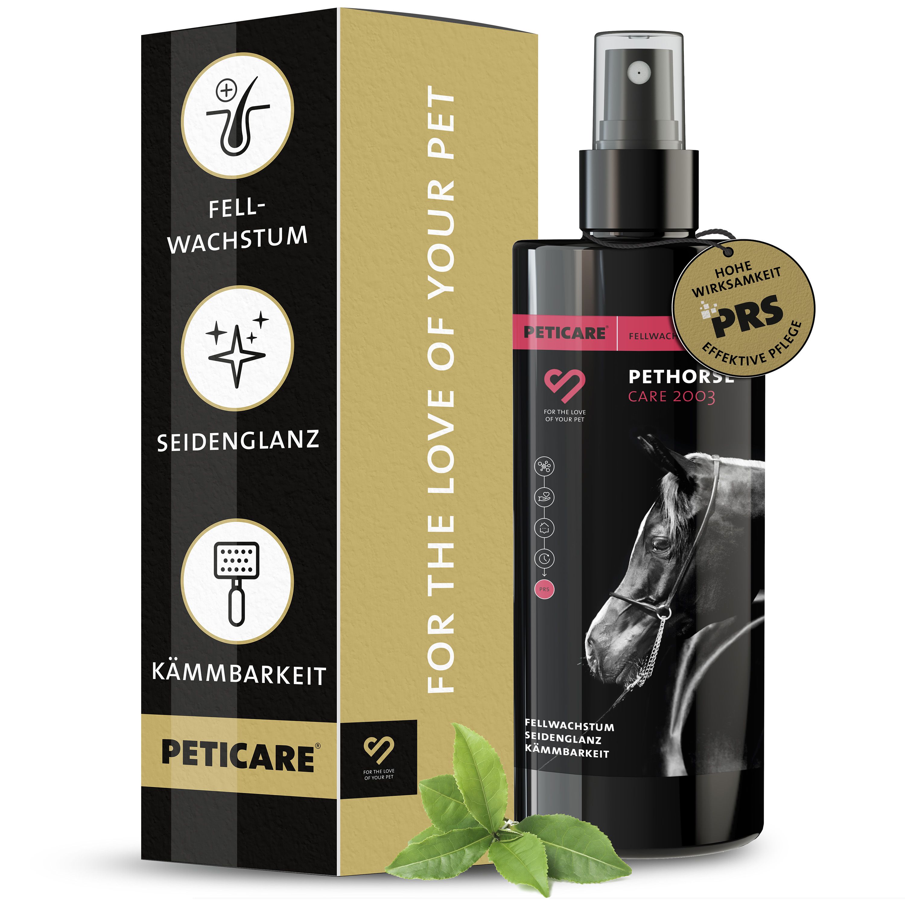 Peticare Fell-Pflege Spray für Pferde. Schwarze Flasche mit Sprühkopf und Produktinformationen. Verpackung mit Produktlogo und Icons.
