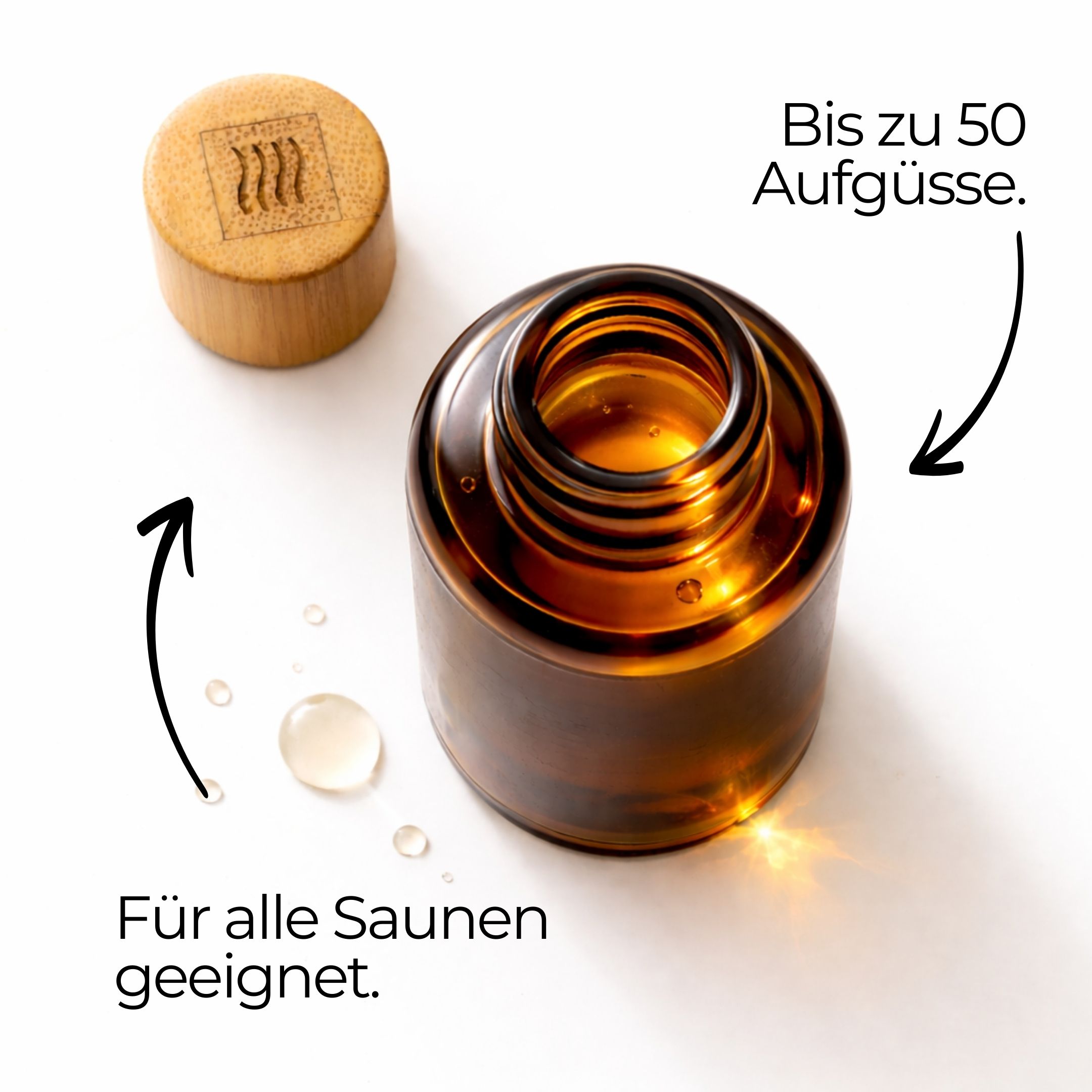 Braune Glasflasche mit Holzverschluss. Tropfen. Text: Für alle Saunen geeignet. Bis zu 50 Aufgüsse.