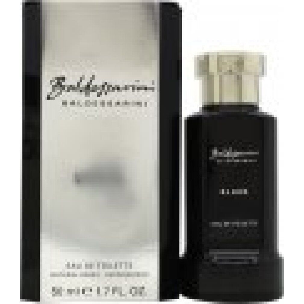Baldessarini Black Eau de Toilette 50ml Flakon neben der silbernen und schwarzen Verpackung.