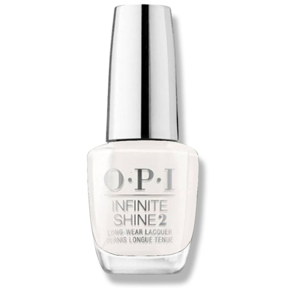 Weiße Nagellackflasche mit silbernem Deckel. OPI Infinite Shine 2. Lang anhaltender Nagellack.