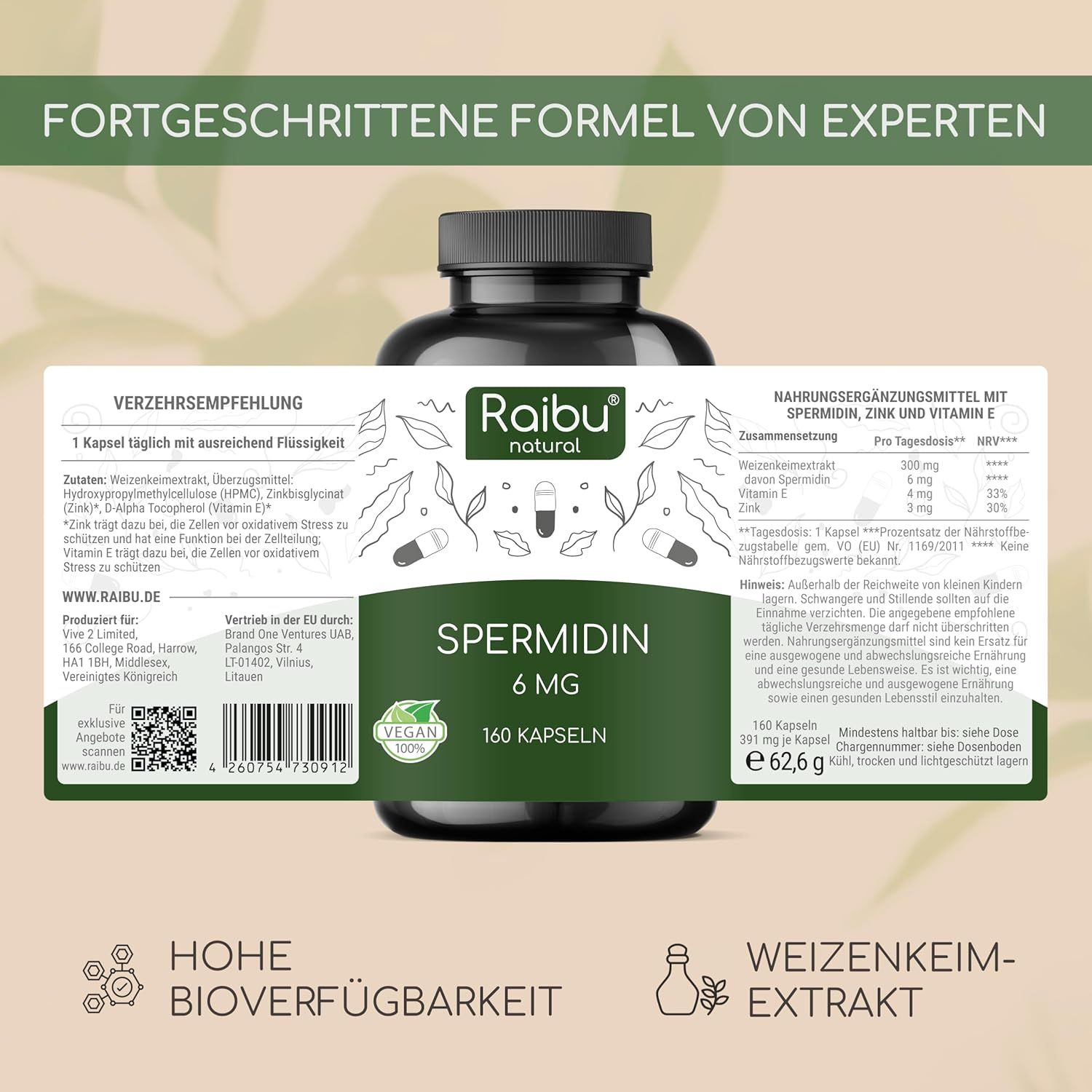 Braune Flasche mit schwarzen Deckel. Etikett mit Produktinformationen. Text: Spermidin 6 mg, 160 Kapseln. Vegan-Siegel.