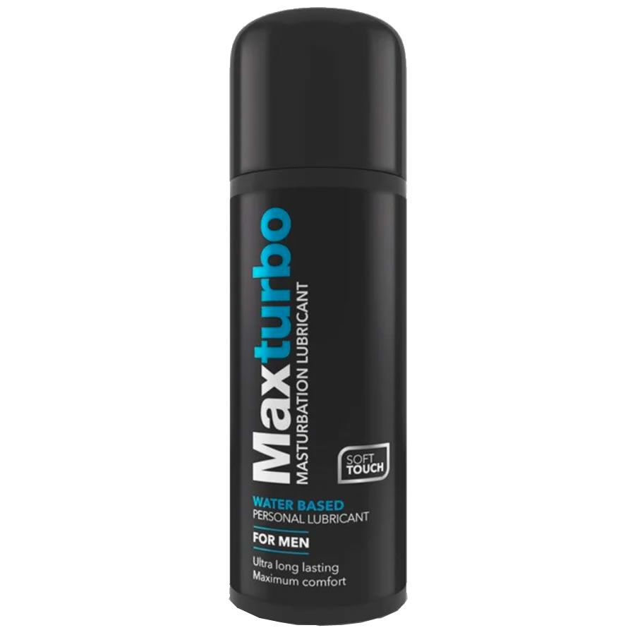 Schwarze Flasche mit "Maxturbo"-Schriftzug. Enthält "Water Based Personal Lubricant" für Männer. Mit "Soft Touch"-Logo.
