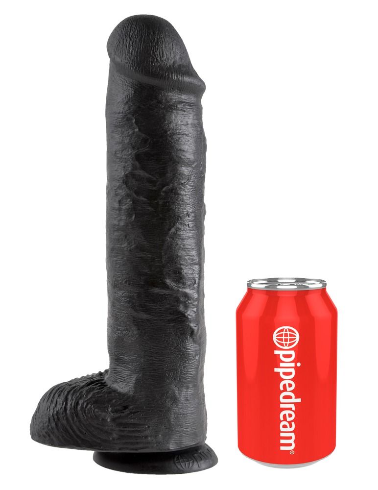 Schwarzer Dildo neben einer roten Getränkedose. Die Dose trägt den Schriftzug 'pipedream'.