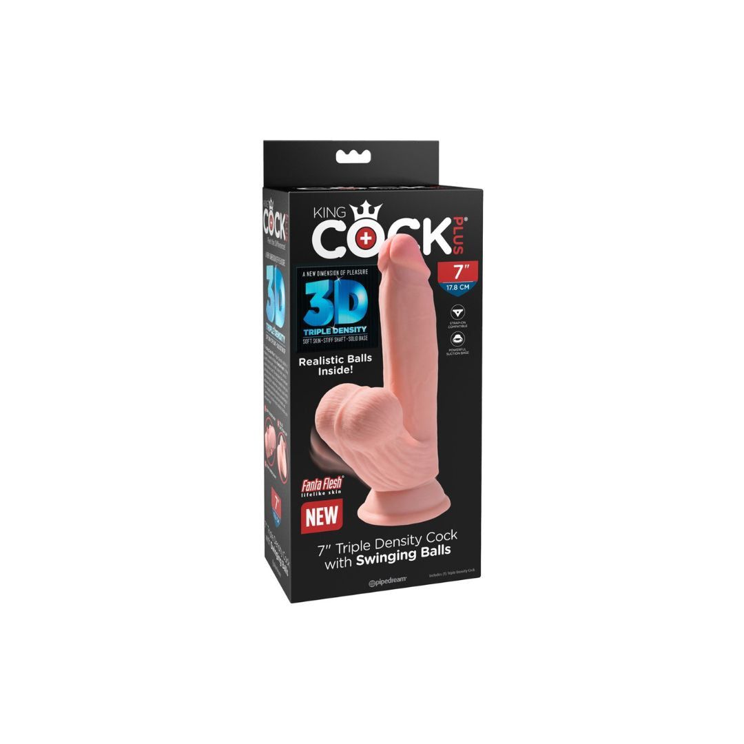 Dildo in Verpackung. Schwarze Box mit Produktabbildung. Text: King Cock, 3D, Triple Density, 7"/17.8 cm. Realistische Hoden.