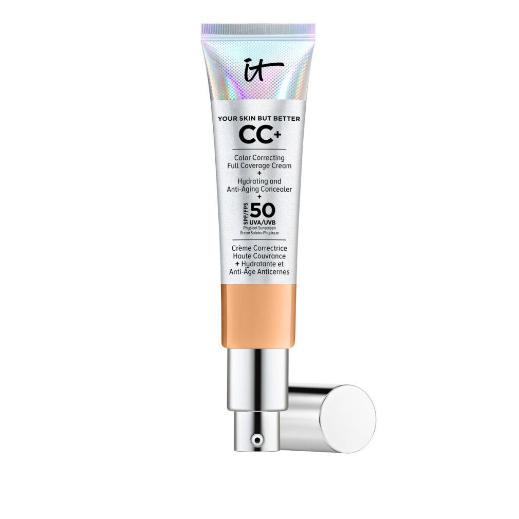 Tube mit CC+ Creme, silberner Verschluss. Aufschrift: IT YOUR SKIN BUT BETTER CC+ Color Correcting Full Coverage Cream SPF 50.