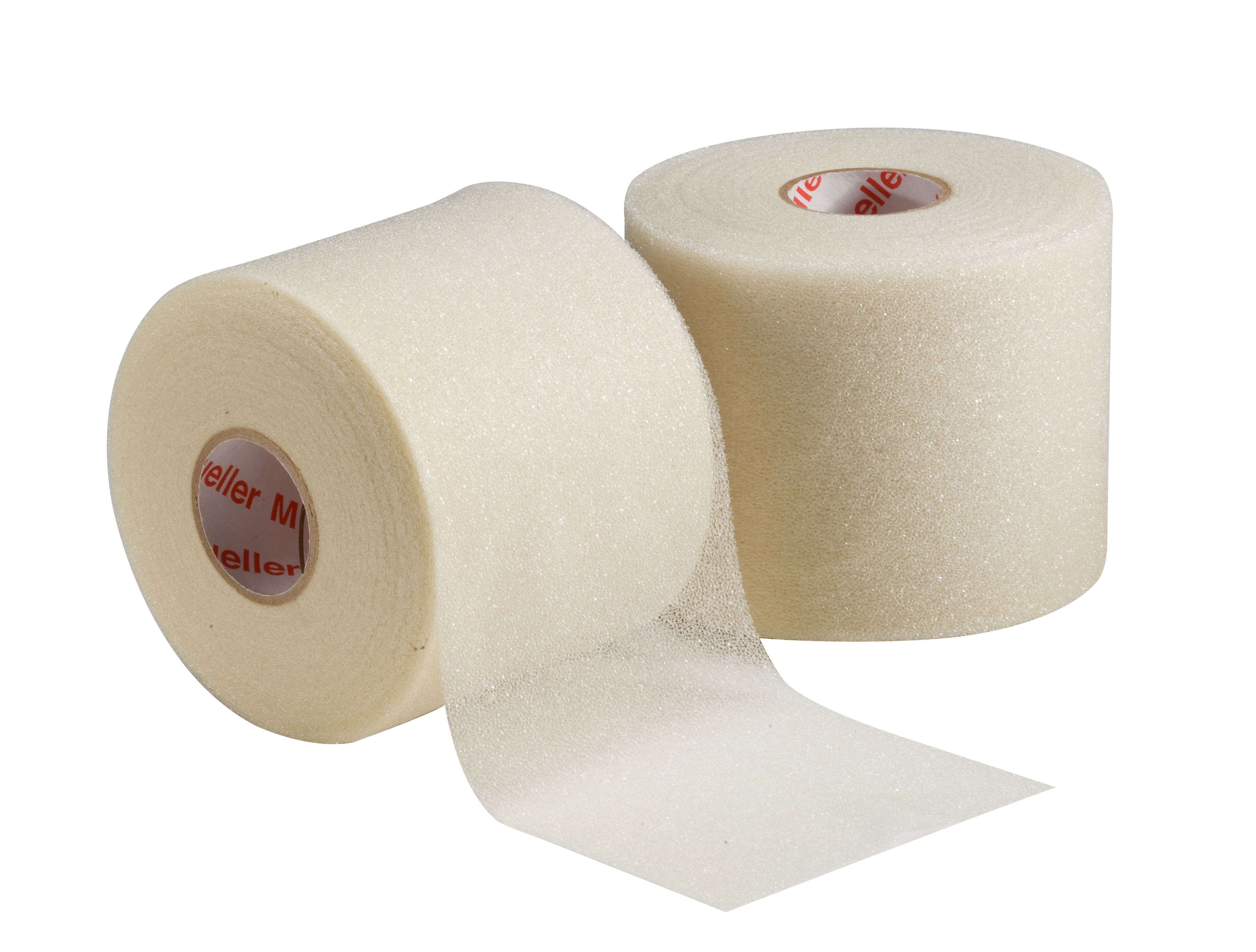 Deux rouleaux de bande M-Wrap crème. Un rouleau est partiellement déroulé. Le logo Mueller est visible sur les rouleaux.