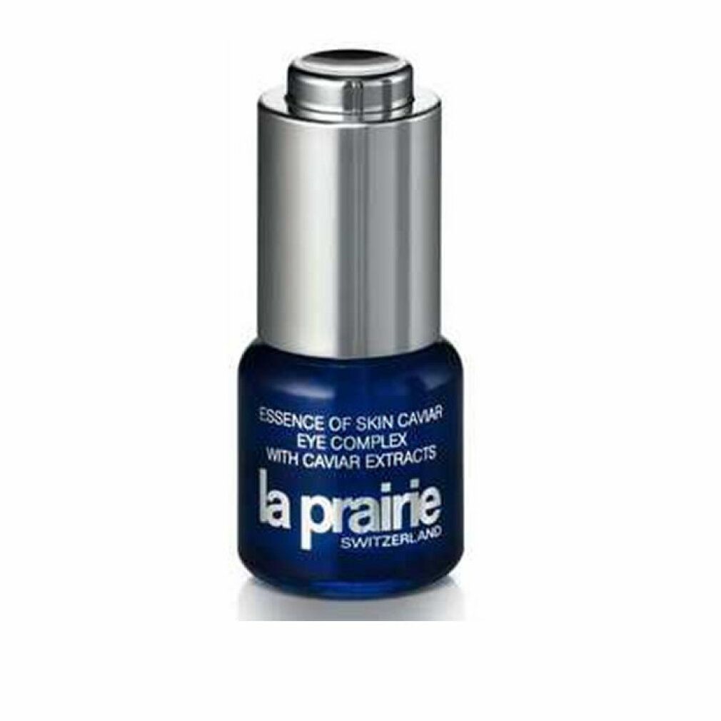 Blaues Fläschchen mit silberfarbenem Deckel. Aufschrift: Essence of Skin Caviar Eye Complex, La Prairie.