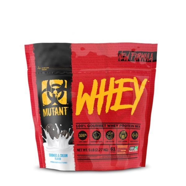 Rote Whey-Proteinpulver-Verpackung mit gelbem Schriftzug "WHEY" und "MUTANT" Logo. Enthält 5,1 lbs (2,27 kg).