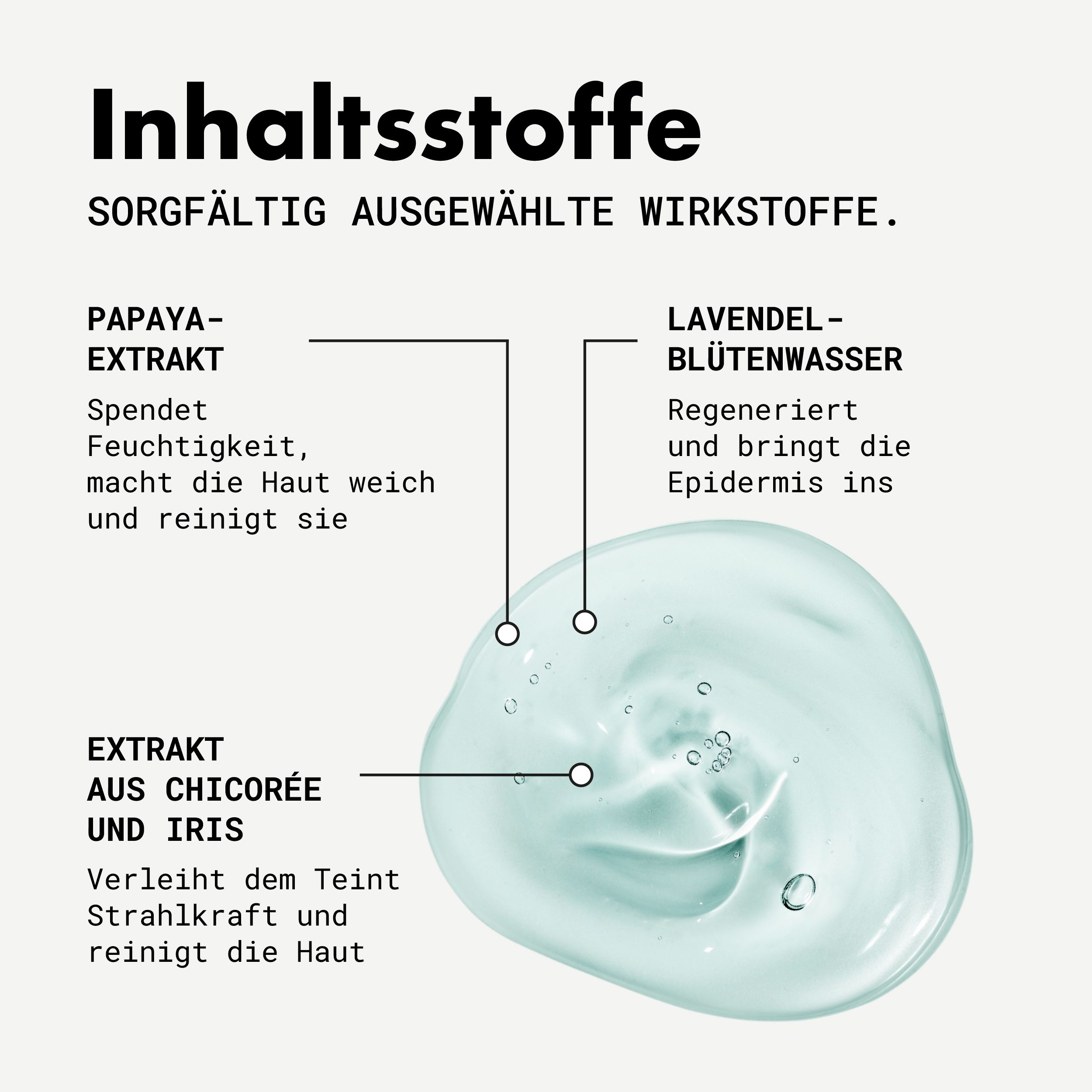 Inhaltsstoffe auf hellem Hintergrund. Aufschrift: Papaya-Extrakt, Lavendelblütenwasser, Extrakt aus Chicorée und Iris. Produktprobe.