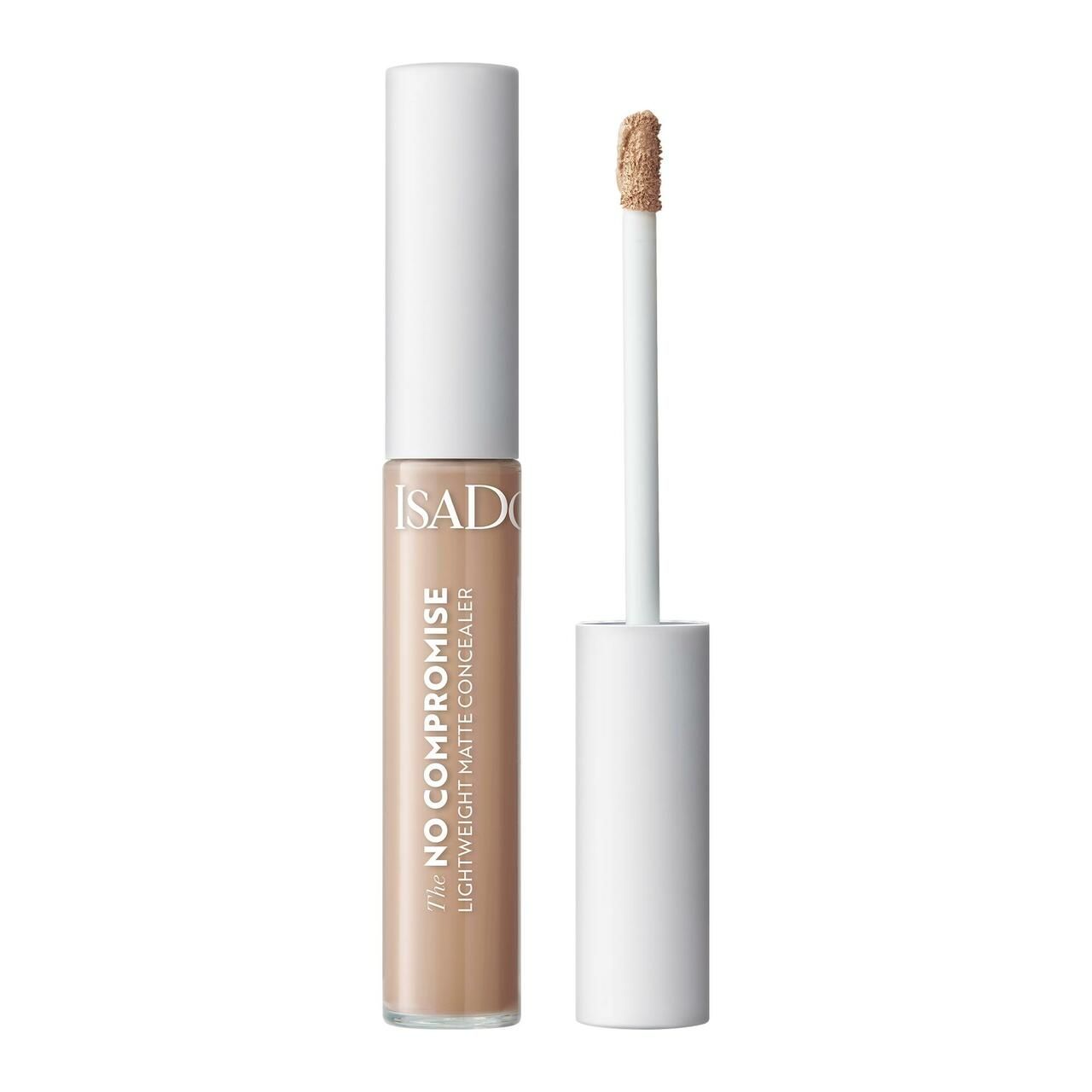 Concealer-Tube und Applikator. Aufschrift: IsaDora, The No Compromise, Lightweight Matte Concealer. Weißer Deckel.