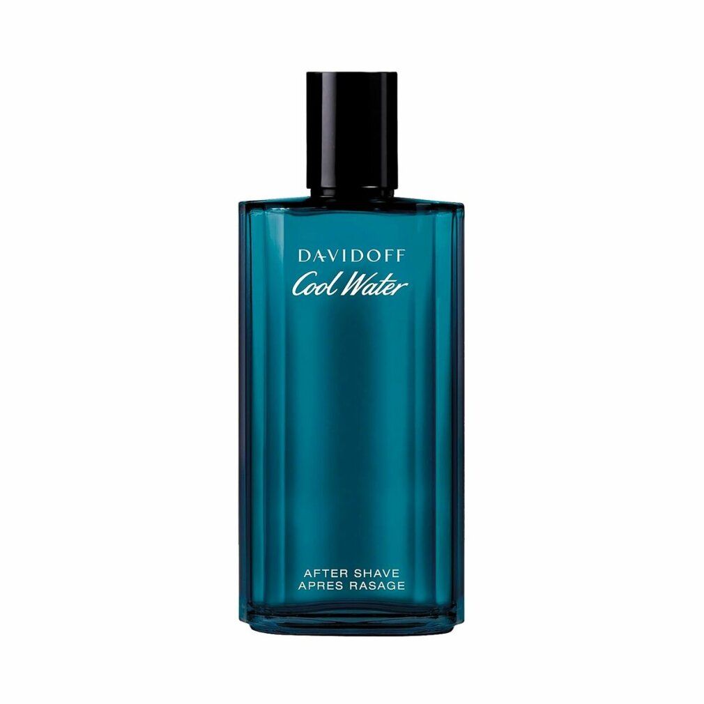 Davidoff Cool Water After Shave Flakon. Blaues Glas, schwarzer Verschluss. Text: Davidoff Cool Water, After Shave.