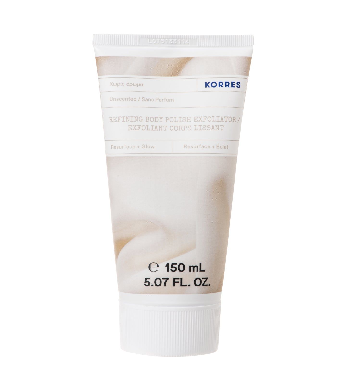 Korres Verfeinerndes Körperpeeling. Tube mit weißem Deckel. Text: Refining Body Polish Exfoliator, 150 ml.