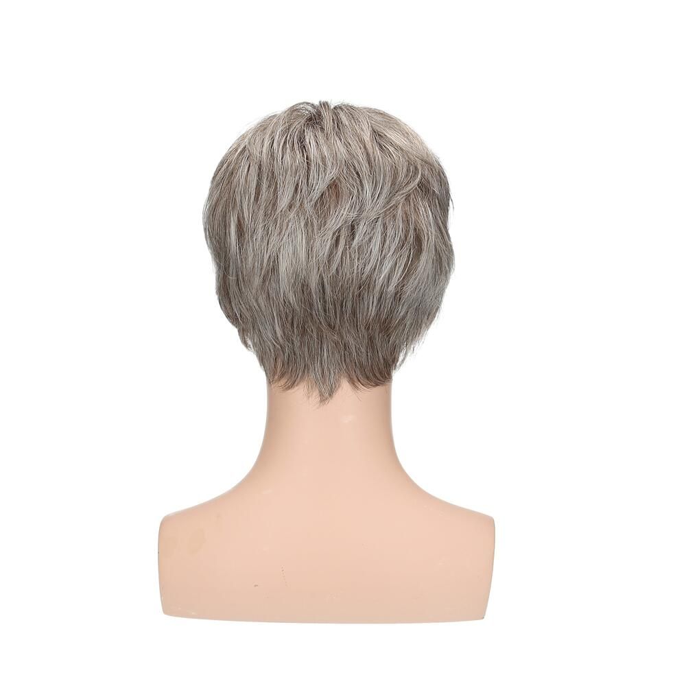 Perücke Lima auf einem Schaufensterkopf. Kurze, graue Haare. Rückansicht.