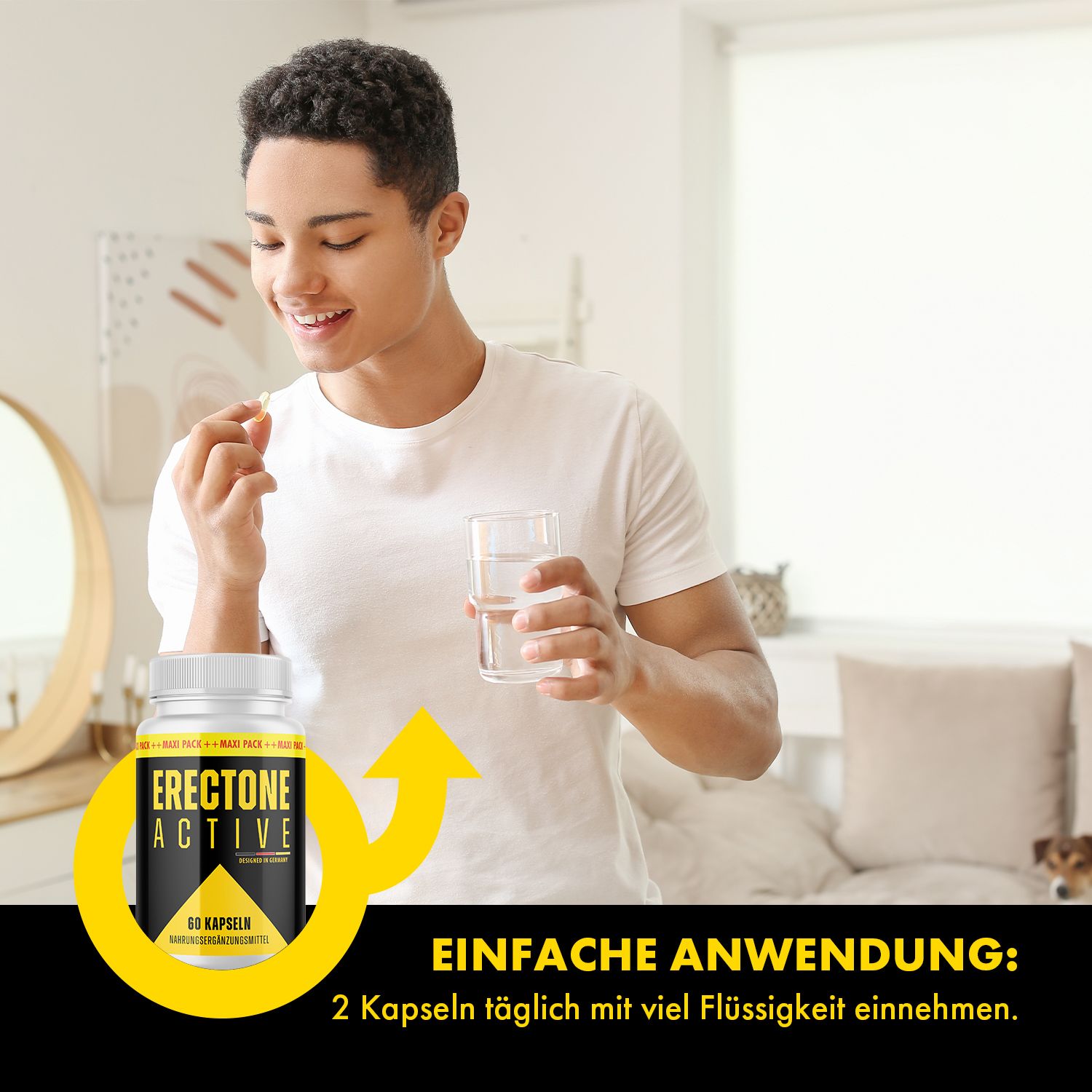 Mann nimmt Kapsel ein. Auf dem Tisch: Glas Wasser und Flasche mit gelbem Etikett: ERECTONE ACTIVE. Gelber Pfeil mit Männlichkeits-Symbol.