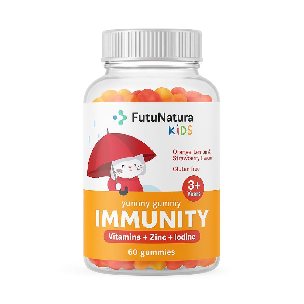 Glasflasche mit Gummibärchen. Aufschrift: IMMUNITY, Vitamine + Zink + Jod. 60 Gummibärchen. Für Kinder ab 3 Jahren. Glutenfrei.