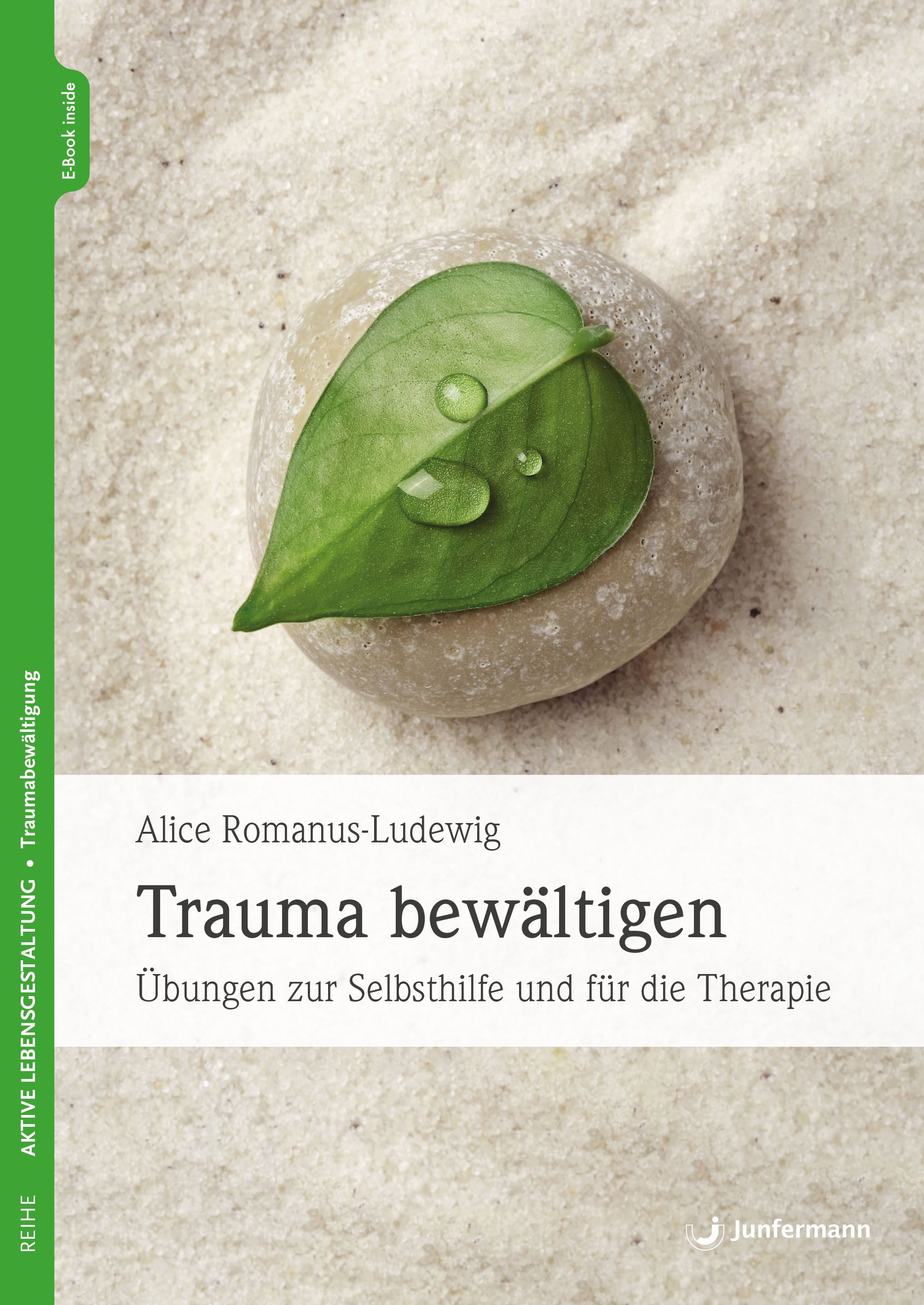 Buchcover mit Titel: Trauma bewältigen. Autorin: Alice Romanus-Ludewig. Grünes Blatt mit Tropfen auf Stein. Sandiger Hintergrund.