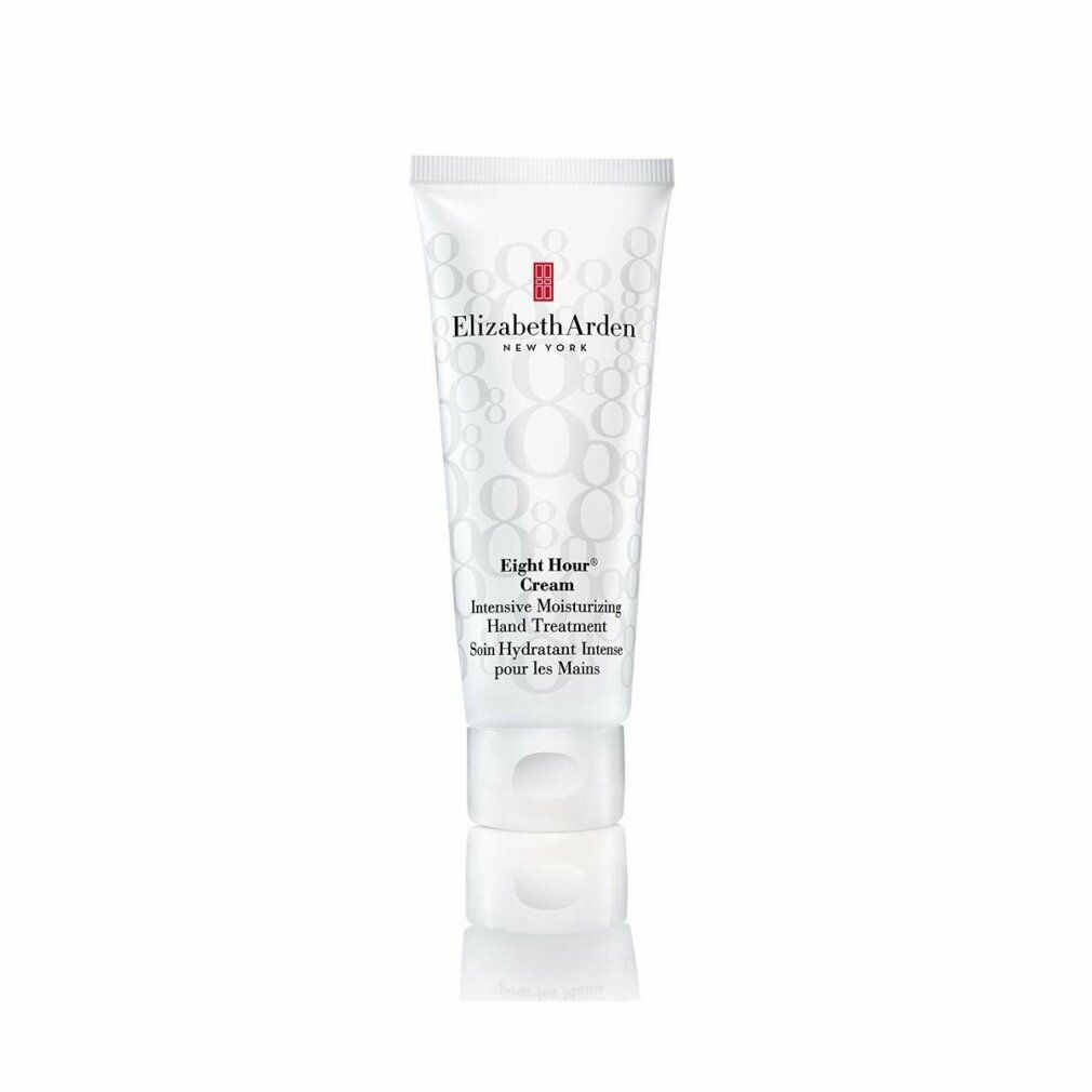 Weiße Tube mit weißem Verschluss. Aufschrift: Elizabeth Arden, Eight Hour Cream, Hand Treatment. Vertikale Ansicht.