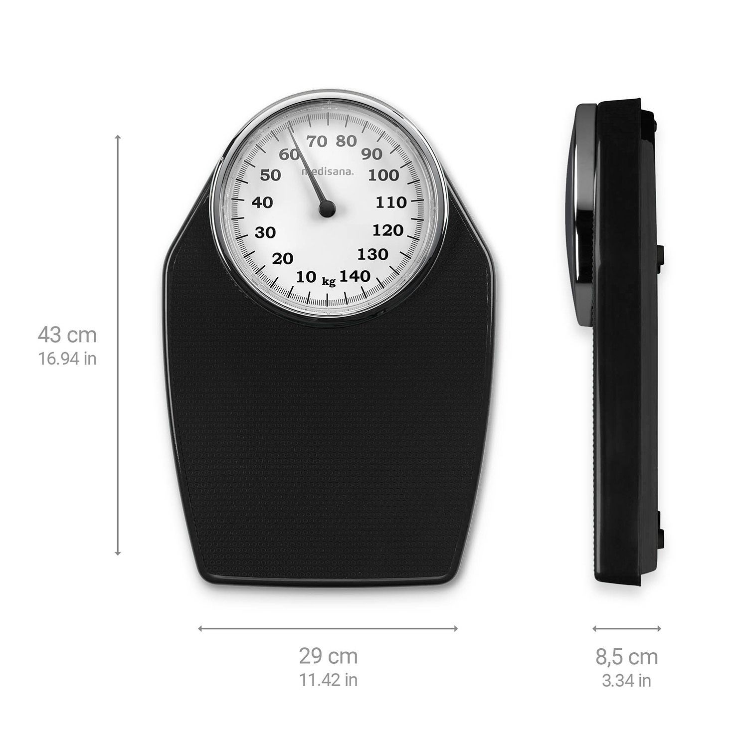 Schwarze mechanische Personenwaage mit Maßangaben: 43 cm hoch, 29 cm breit, 8,5 cm tief.