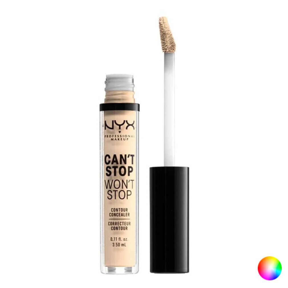 Flüssiger Concealer in einem transparenten Behälter mit schwarzem Applikator. Heller Beige-Farbton.