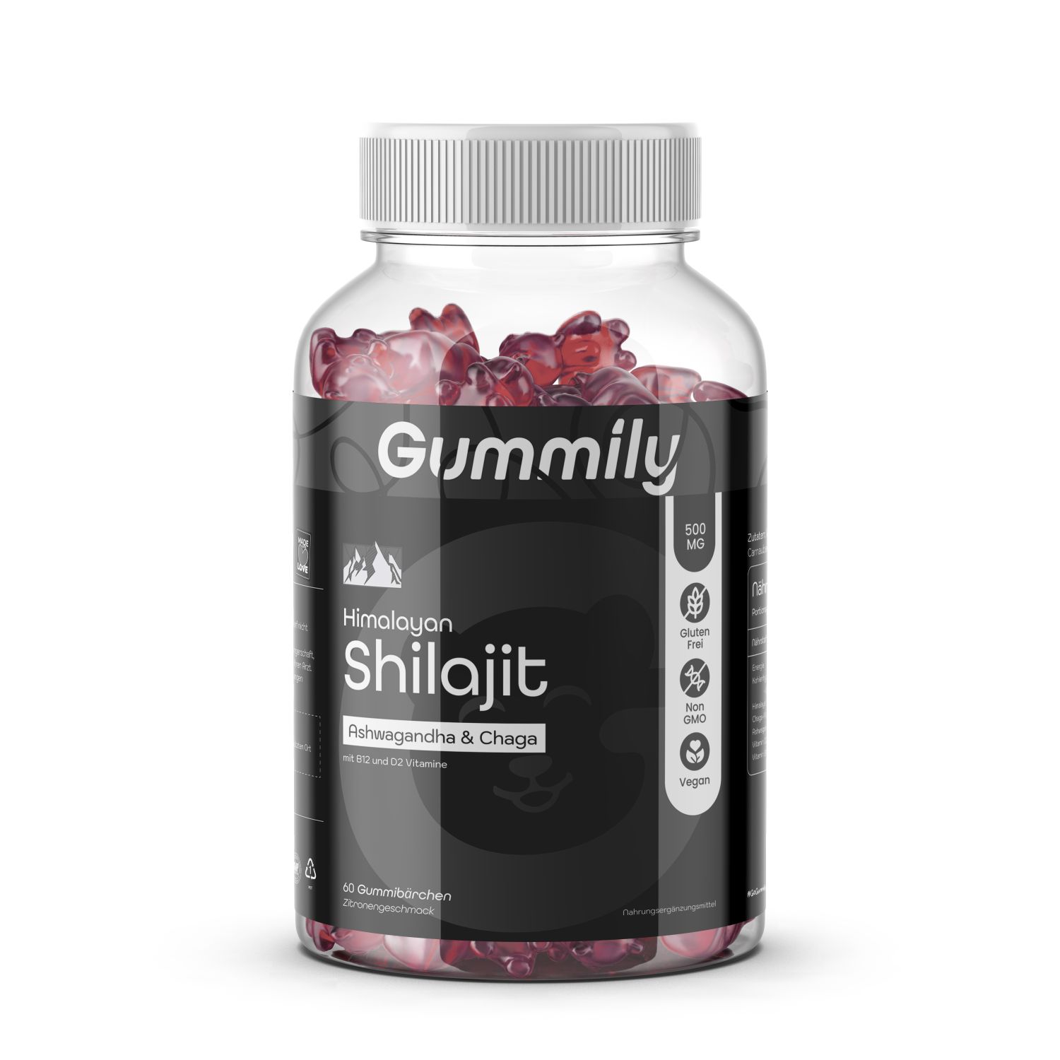 Gummily®-Gummis in einer transparenten Flasche. Aufschrift: Himalayan Shilajit, Ashwagandha & Chaga. Glutenfrei, GMO-frei, vegan.