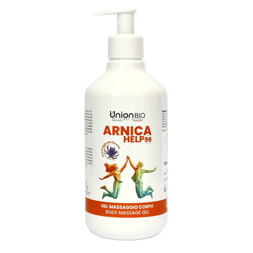 Weiße Flasche mit Pumpverschluss. Aufschrift: ARNICA HELP99, Union B.I.O. Logo. Darunter: Gel Massaggio Corpo, Body Massage Gel. Zwei springende Figuren.