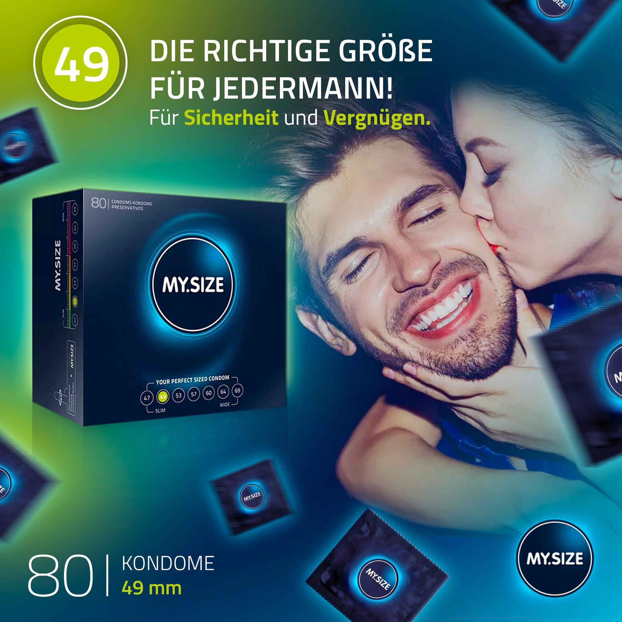 Packung mit 80 MY.SIZE Kondomen, 49 mm Breite. Ein Mann wird von einer Frau geküsst.