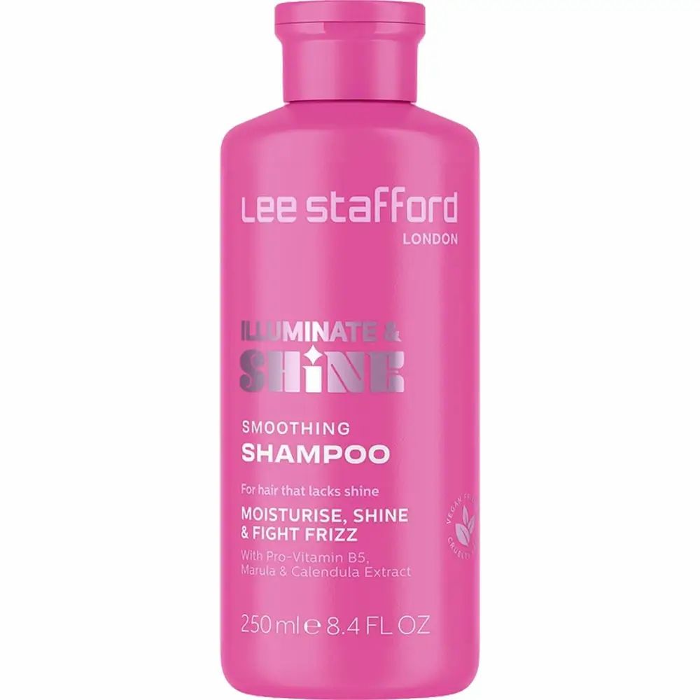 Rosa Shampoo-Flasche mit Schriftzug "Lee Stafford LONDON". Produktname: "Illuminate & Shine Shampoo".