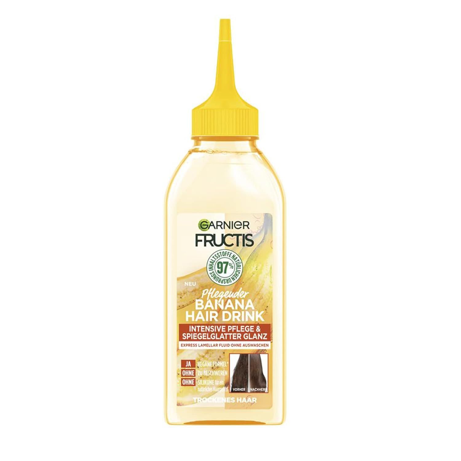 Transparente Flasche mit gelbem Deckel. Text: "Garnier Fructis Banana Hair Drink". Produktabbildung und Text: "Intensive Pflege & Spiegelglatter Glanz".