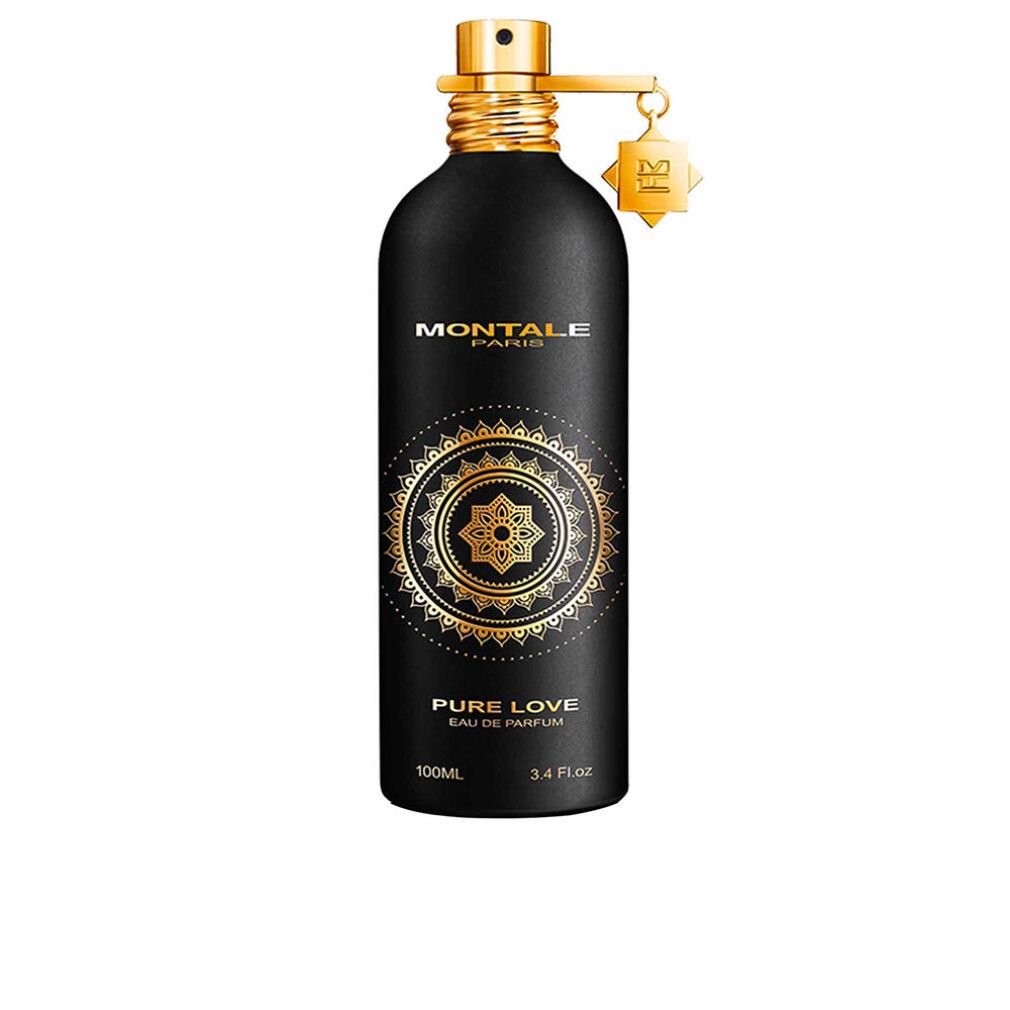 Schwarze Flasche mit goldenen Details. Aufschrift: MONTALE PARIS, PURE LOVE, Eau de Parfum. Goldener Zerstäuber.