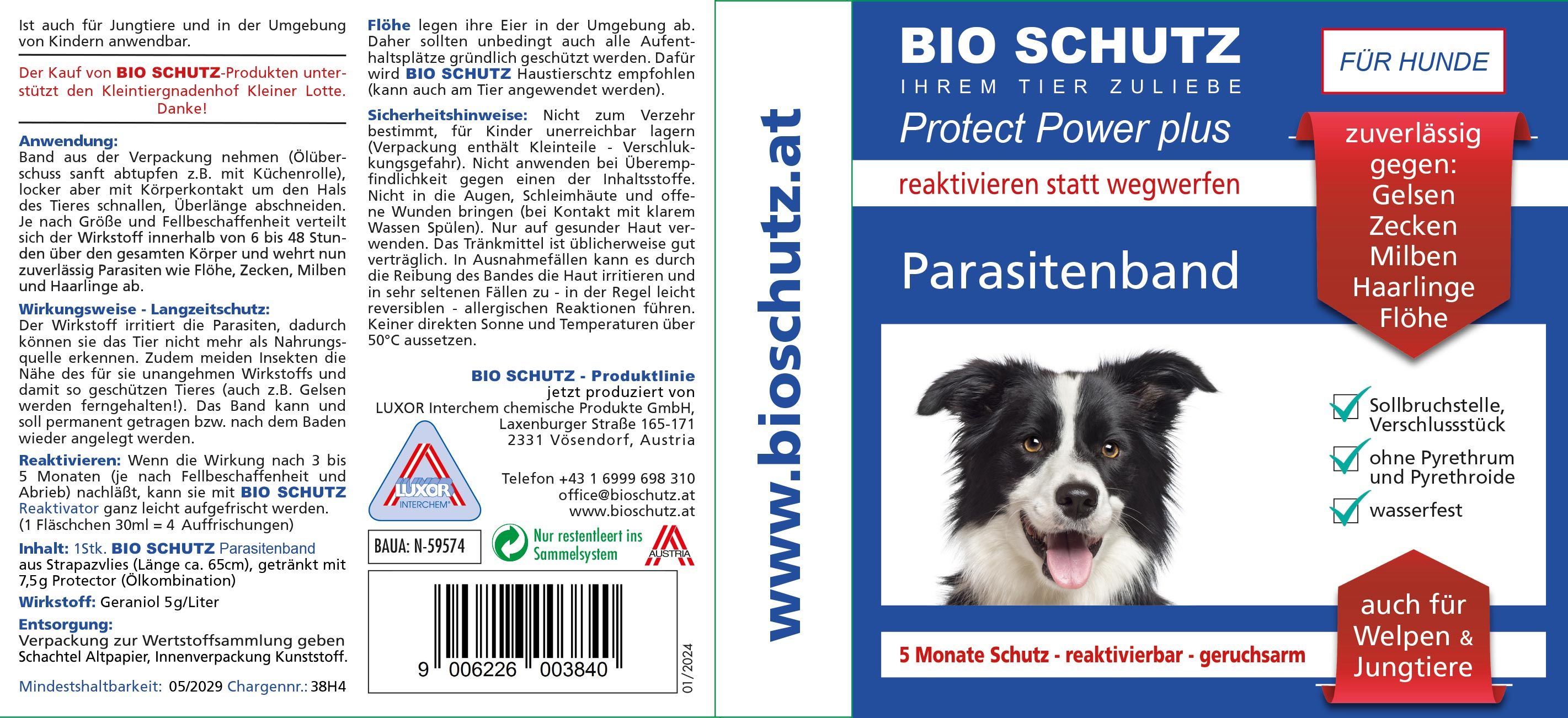 Produktverpackung mit Produktnamen und Hundefoto. Roter Banner mit Produktinformationen. Text: Parasitenband, Protect Power plus.