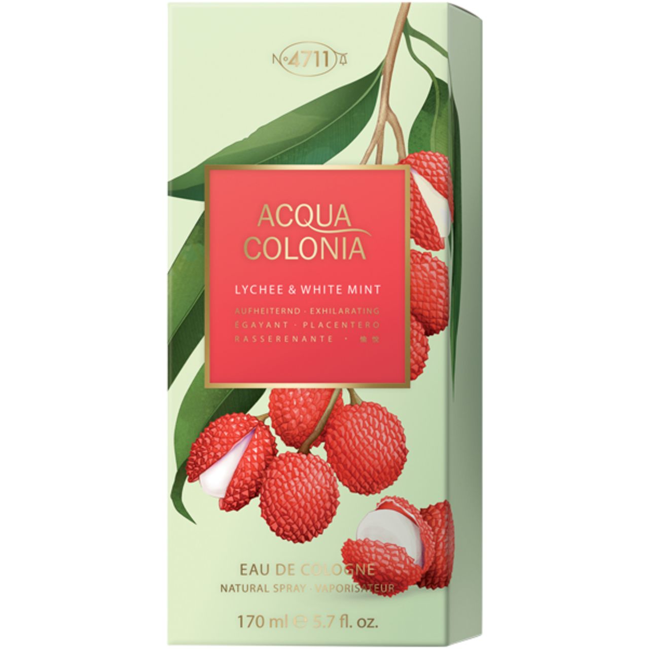 Verpackung mit Lychee-Motiv und Aufschrift: Acqua Colonia Lychee & White Mint. Grüne Verpackung mit roten Früchten und Blättern.