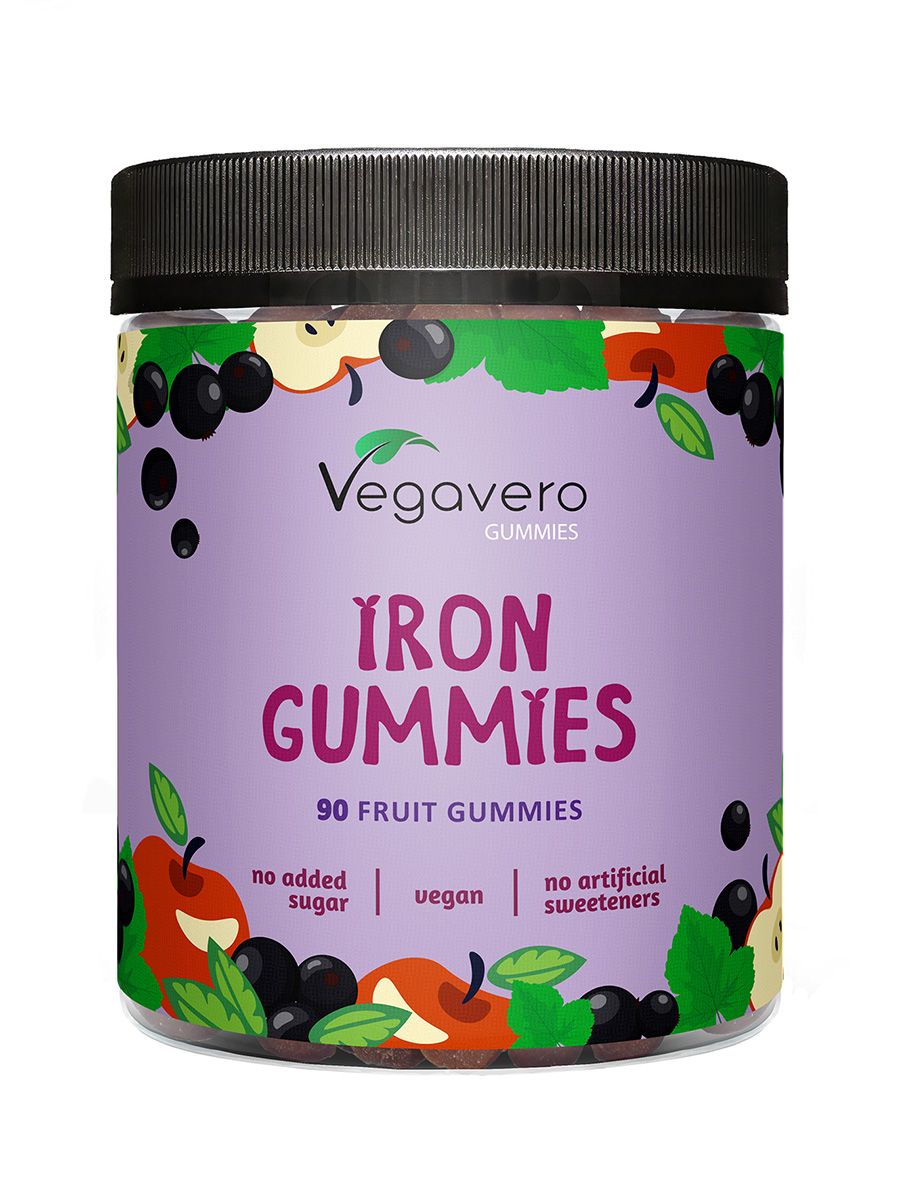 Runde Dose mit schwarzem Deckel. Aufschrift: Iron Gummies, 90 Fruit Gummies. Dekoration mit Früchten und Blättern.