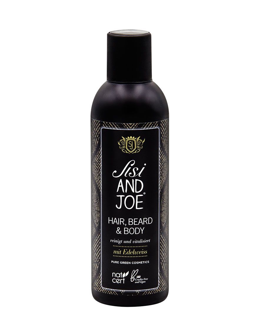 Schwarze Flasche mit Etikett. Text: Sisi and Joe, Hair, Beard & Body. Mit Edelweiß. Naturzertifizierung.