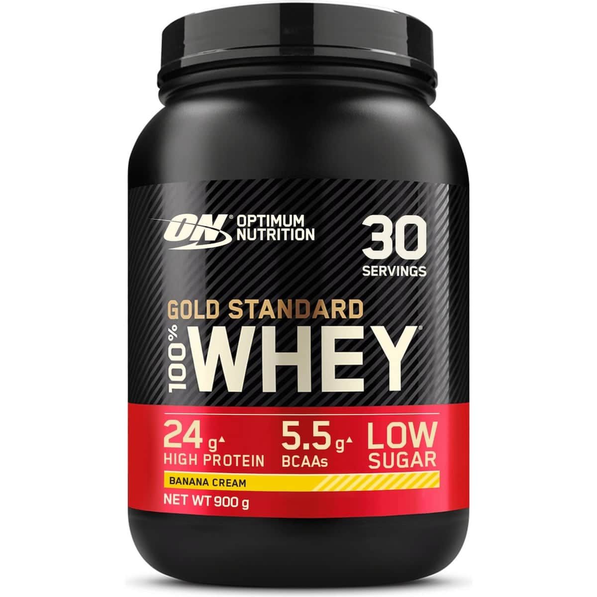Schwarze Dose mit Gold Standard 100% Whey. Roter Streifen mit Text. "Banana Cream" und "30 Servings" sichtbar.