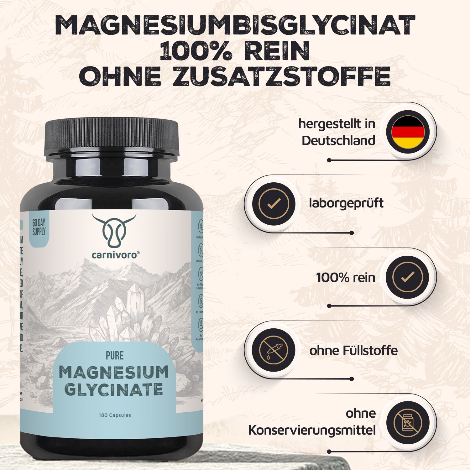 Dose carnivoro® Magnesium Glycinat. Aufschrift: Magnesiumbisglycinat, 100% rein, ohne Zusatzstoffe. Laborgeprüft, hergestellt in Deutschland.