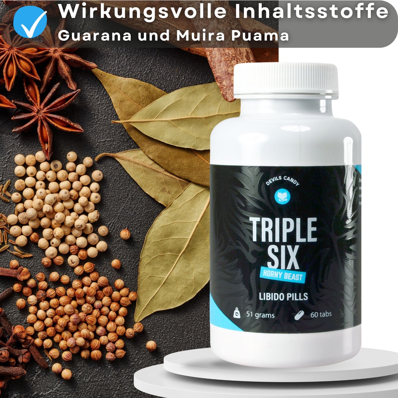Flasche "Triple Six" Libido Pills und Zutaten. Text: Wirksame Inhaltsstoffe, Guarana und Muira Puama.